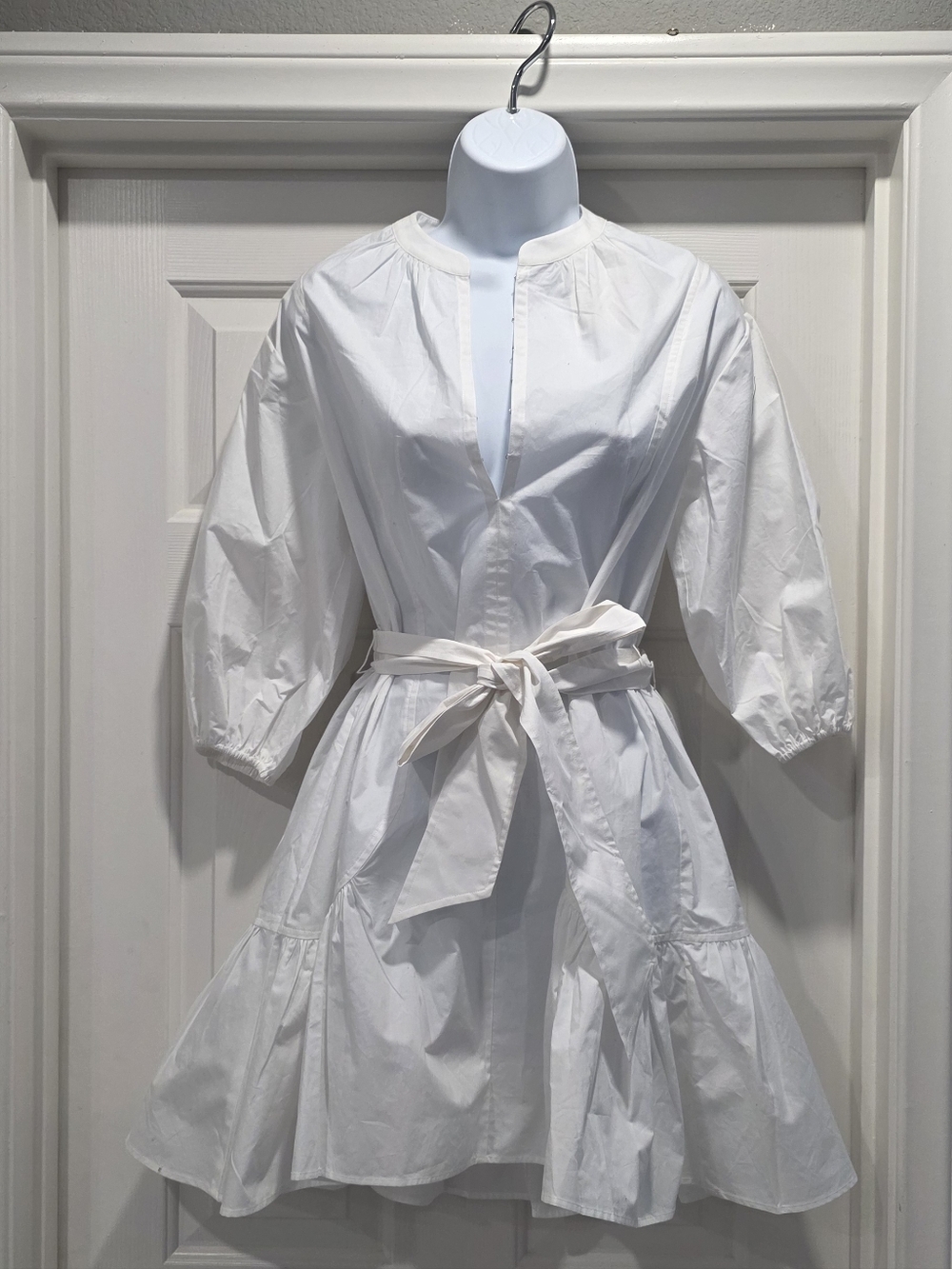 Darling White Puff Sleeve Tie-Waist Shirt Dress